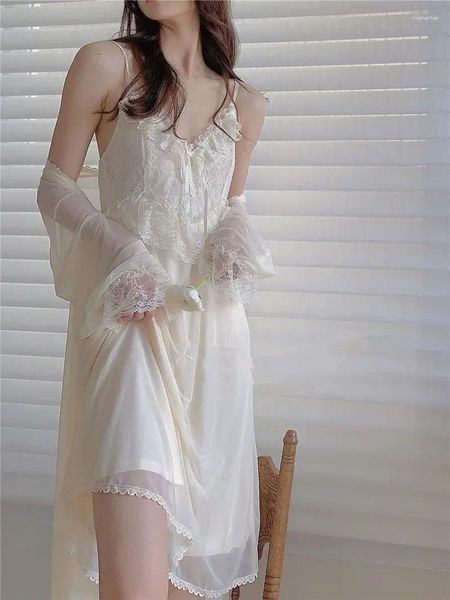 Женская одежда для сна, шелковый халат, длинный сетчатый кружевной ремешок, женское винтажное милое сексуальное повседневное корейское платье, элегантное платье подружки невесты