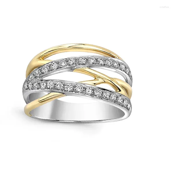 Cluster Ringe Kreative Trendy Tow Tone Linien Kreuz Schnur Für Frauen Glänzend Weiß CZ Stein Kristall Intarsien Mode Schmuck Party geschenk Ring