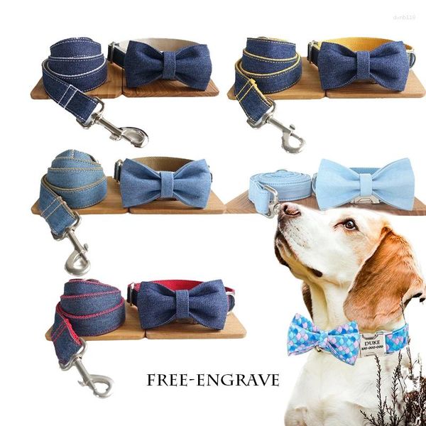 Hundehalsbänder Denimblaues Halsband, schnelle Lieferung, Leinen-Schleifseil-Set, gravierbarer Name