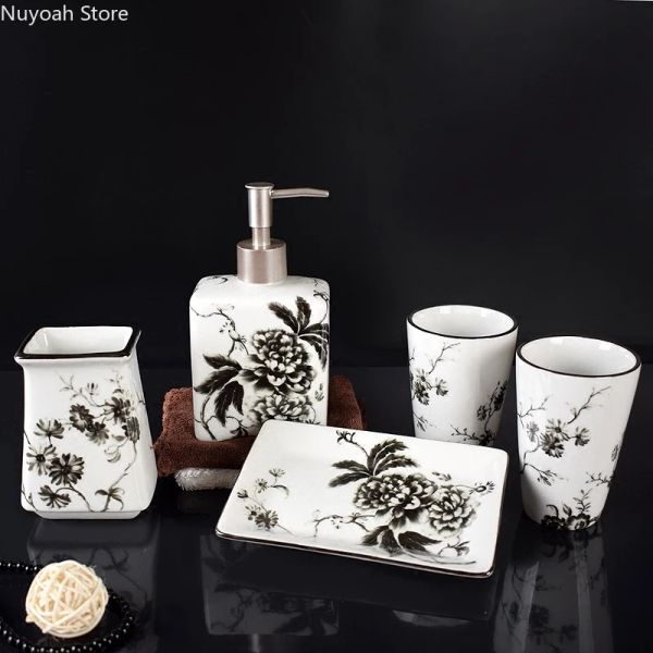 Sets Chinesische Keramik Toilette Mundwasser Tasse Lotion Flasche Seifenschale Set Bad Waschen Fünfteilig Zahnbürstenhalter Badezimmer Dekoration