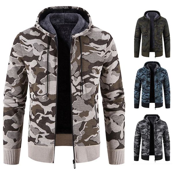 Мужские зимние толстовки с капюшоном, вязаный свитер, пальто, военная армейская камуфляжная куртка, Y2K, толстовки, флисовое открытое пальто на молнии, Hombre, одежда 240124