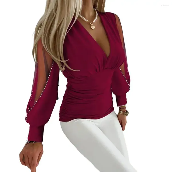 Kadın bluzları v yaka düz renkli bluz örgü kol üst şık patchwork zarif derin v boyun ince fit boncuklu vurgular için