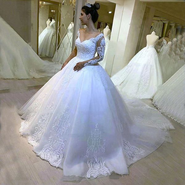 Nuovo abito da sposa principessa scollo a V maniche lunghe applicazioni di pizzo Abiti da sposa Abiti da sposa Corte dei treni Customed Vestido de Noivas