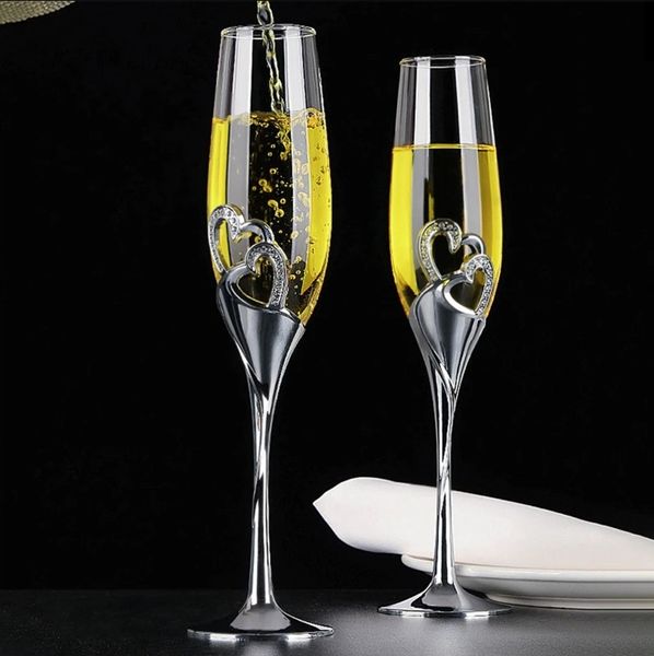 Set di bicchieri da champagne in cristallo con cuori cerchiati, coppia, regalo di nozze, bicchieri da festa, bicchieri a forma di cuore, bicchieri da vino