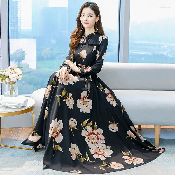 Vestidos casuais 2024 floral para mulheres longo elegante vestido feminino maduro escritório senhora commuting roupas mulher coreana impresso vestidos