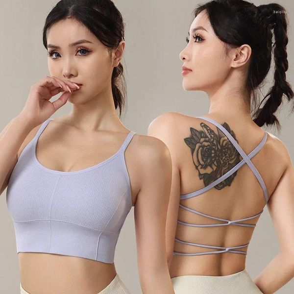 Roupa de yoga oco sexy cruz linda volta sutiã esportivo sem anel de aço de secagem rápida à prova de choque roupa interior de fitness com almofada no peito