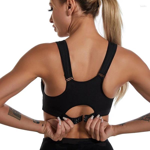 Yoga roupa sutiã esportivo para mulheres frente com zíper sem anel de aço grande tamanho fitness-absorvente ginásio superior roupa interior volta fivela colete