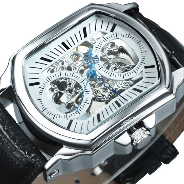 Vencedor negócios masculino relógios mecânicos ponteiros azuis esqueleto irregular relógio automático para homem casual pulseira de couro relógio de pulso 240123