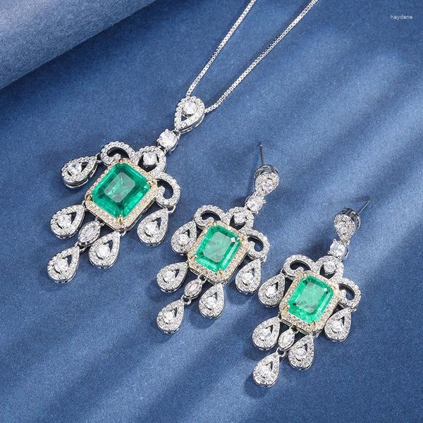 Halskette Ohrringe Set EYIKA Vintage Stil Weibliche Grün Blau Paraiba Fusion Stein Wasser Tropfen Quaste CZ Anhänger Frauen Edlen Schmuck