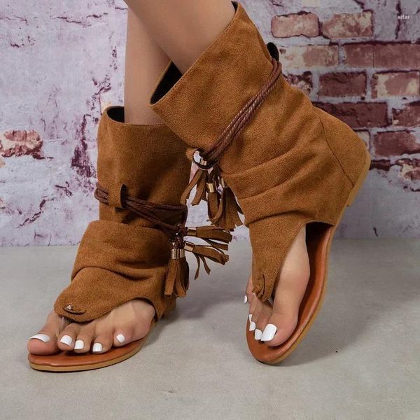 Сандалии, женские летние ботинки, с открытым носком, на плоской подошве, с кисточками, римские сандалии, элегантная обувь, большие размеры 35–43, Sandalias Mujer, 2024 г.
