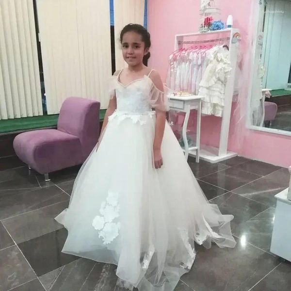 Abiti da ragazza Abito a fiori con spalle scoperte con scialle in tulle e pizzo Abito da sposa per principessa per la prima comunione della festa di compleanno del bambino