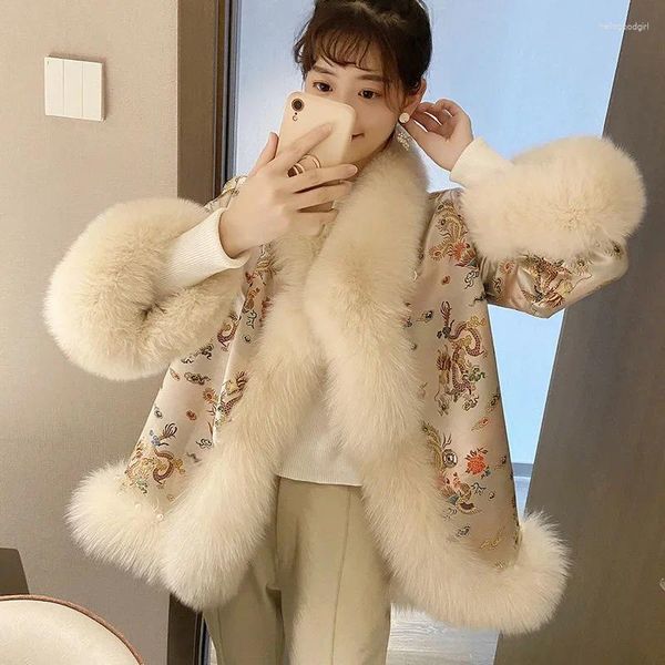 Casaco de pele feminino inverno falso estilo chinês harajuku comprimento médio beading tang terno capa jaqueta feminina quente elegante vintage