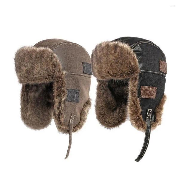 Berets Inverno Homens Bomber Chapéus Pilot Earflap Caps para Masculino Pu Material 56-60cm Pelúcia Patchwork Proteção de Ouvido Ao Ar Livre Viagem LF0039