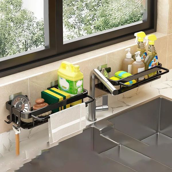 Prateleira de armazenamento de cozinha, prateleira de alumínio para drenagem de pia, toalha, esponja, escova, suporte de armazenamento, prateleira de sabão para banheiro 240122