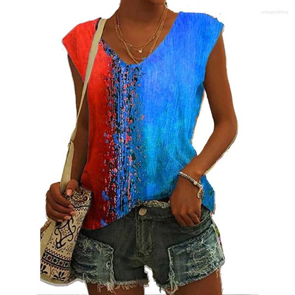 Canotte da donna Boho Canotta da donna Stampa multicolore Largo Taglie forti Canotta Tuniche Canotte estive senza maniche Canotte da spiaggia Top Blu Nero