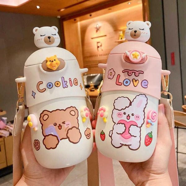 500 мл термос Kawaii Bear, милые детские соломенные бутылки для воды, изолированные бутылки из нержавеющей стали для студентов, термос для девочек, 21101189г