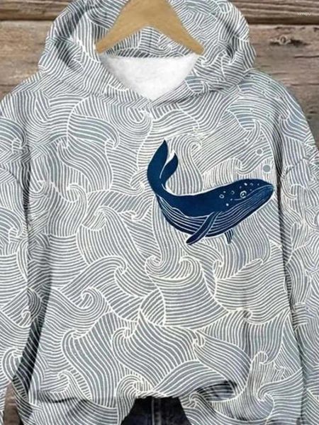 Pele feminina 2024 Digital Deep-sea Whale Print Hoodie com pelúcia