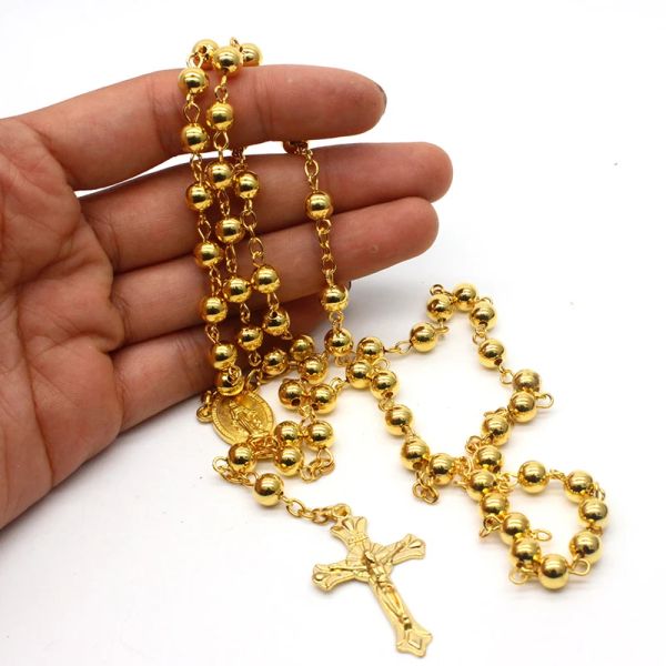Rosário cristão religioso 14k, colar com contas de ouro amarelo, pingente de cruz de Jesus, corrente longa, pescoço, joia, presente