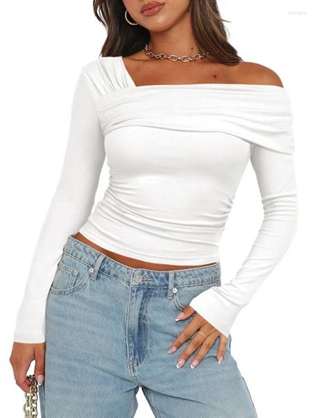 Damen T-Shirts Elegant One Shoulder Langarm Weiße T-Shirts 2024 Damen Falten Slim Fit Unregelmäßiges kurzes T-Shirt Streetwear Female Crop