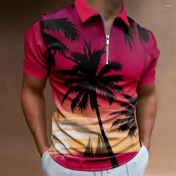 Herren Polos Einfaches Polo-T-Shirt 3D-Kokosnussbaum-Druck Lose Übergroße Hemden Straßendesigner Kurzarmoberteile Männliches Reißverschlusshemd