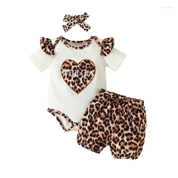 Set di abbigliamento Bambino neonato Neonata Completo estivo Lettera Stampa leopardata Pagliaccetto a maniche corte e pantaloncini elastici Set di fasce