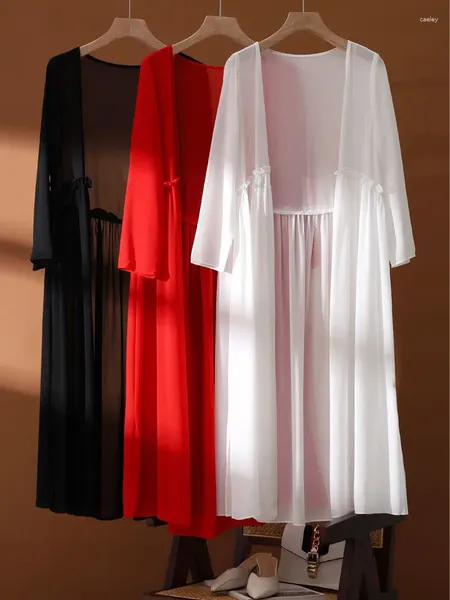 Casacos de trincheira femininos branco protetor solar roupas verão fino comprimento médio chiffon cardigan jaqueta moda