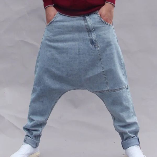 Мужские джинсы-джоггеры больших размеров S-4XL, весна-осень-зима, модные свободные эластичные длинные джинсовые шаровары с завязками, мешковатые брюки с заниженным шаговым швом 240125