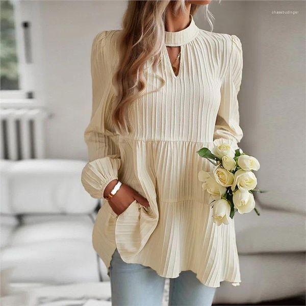 Frauen Blusen Elegante Frühling Langarm Aushöhlen Shirt Top Frau Mode Halb Stehkragen Lose Büro Casual Bluse