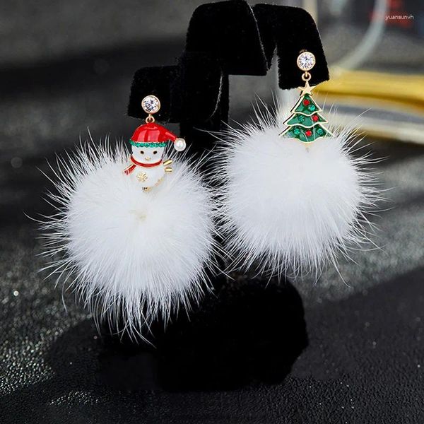 Ohrstecker, kreativer Weihnachtsbaum, Schneemann, Haarball, Damen, asymmetrisch, Retro-Jahrsgeschenk