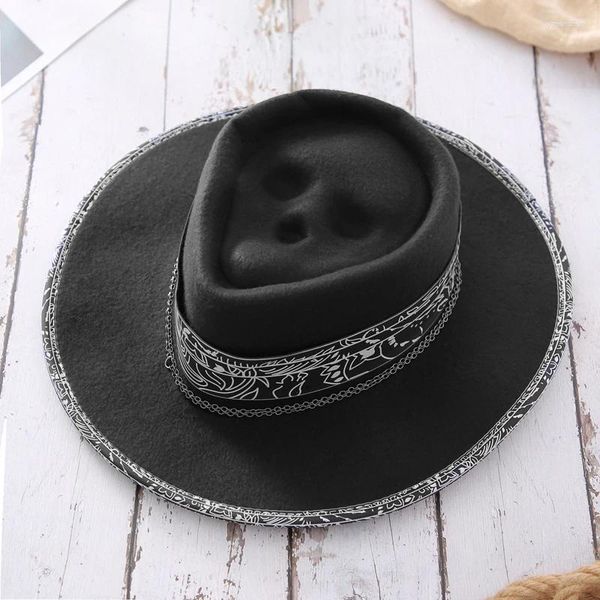 Berets Chapéu de Cowboy Gótico com Corrente de Metal para Adulto Black Wide Brim Cowgirl Cap Costume Party