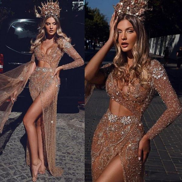 2020 Dubai Sexy Champagne Vestidos de Noite Strass Lantejoulas Tule Renda Vestido de Baile Ilusão Corpete Side Split Formal Party Gowns2718