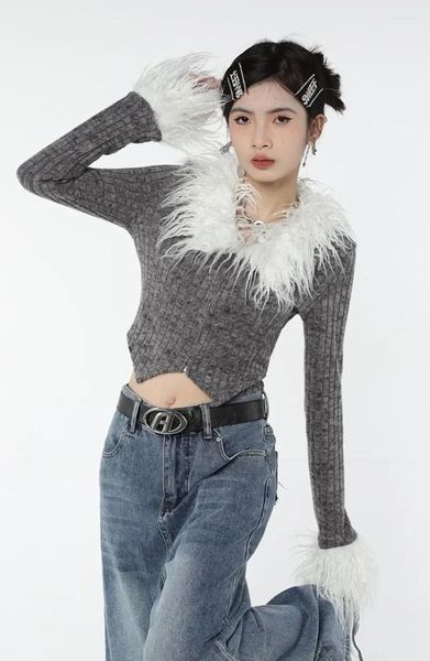 Женские трикотажные винтажные вязаные укороченные топы с длинным рукавом Y2k, короткий кардиган, американский сексуальный тонкий свитер с высокой талией на молнии, женский мех