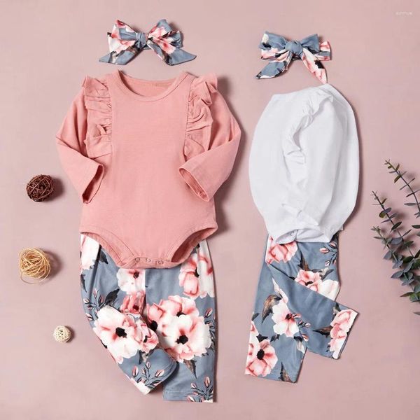 Conjuntos de roupas Nascido Infantil Bebê Meninas Ruffle Sólido Romper Floral Calças Outfits Casual Wear Vestidos de Ação de Graças para