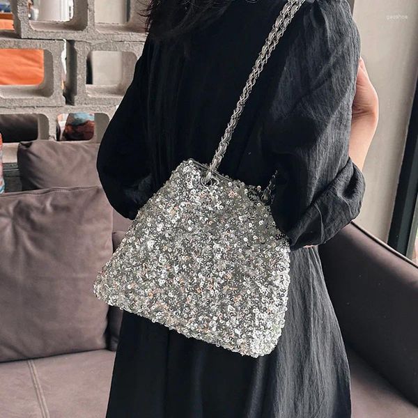 Вечерние сумки в корейском стиле, сумка-мешок с блестками, блестящая женская серебряная цепочка на одно плечо, персонализированная черная сумка через плечо