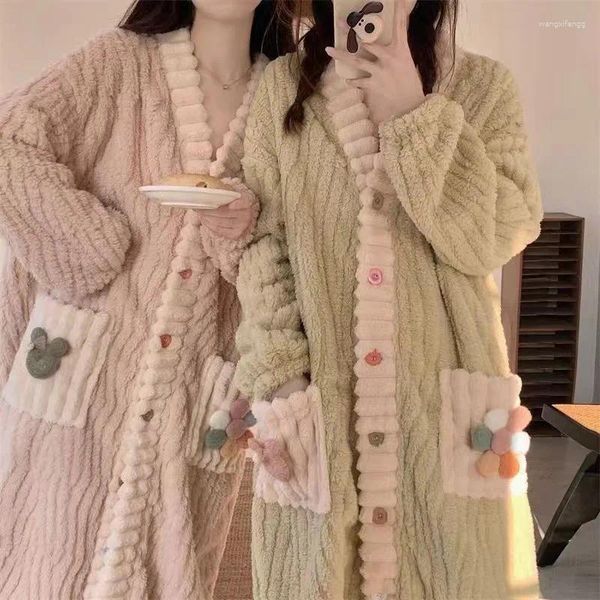 Indumenti da notte da donna Inverno Accappatoio coreano Carino dolce corallo Velluto Robe Allungamento e ispessimento Pigiama caldo Camicia da notte rosa Allentato