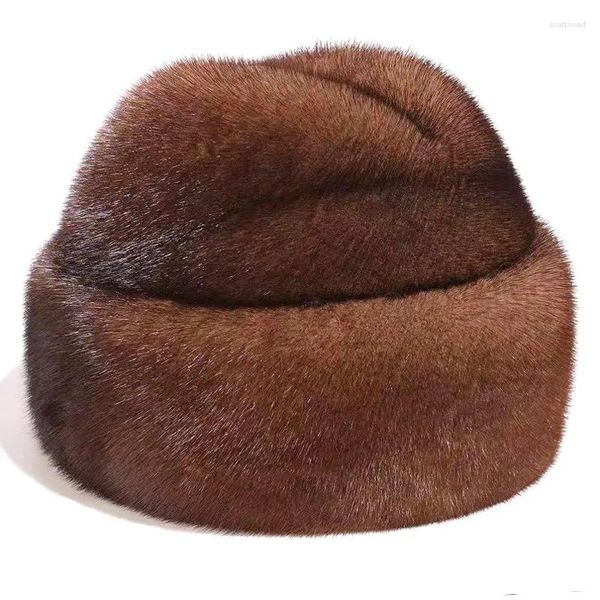 Berets Russische Männer Wintermütze Mittleren Alters Faux Nerzhaar Verdickte Flache Oberseite Kopfbedeckung Beanie Outdoor Warm Earflap Pullover Bomber