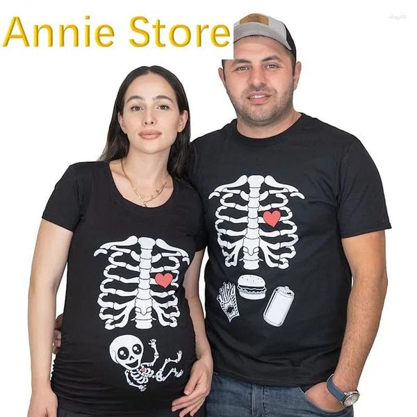 Camisetas femininas Halloween esqueleto casal camiseta bebê gravidez masculina e anúncio divertido roupas y2k