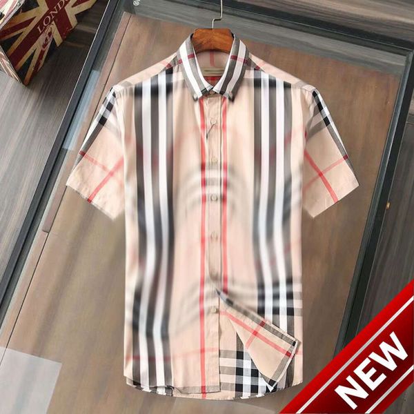 24ss ~ Famoso designer de luxo masculino camisa casual burbrery masculino clássico xadrez polo pescoço manga curta moda camisa de negócios de alta qualidade camo único breasted camisa