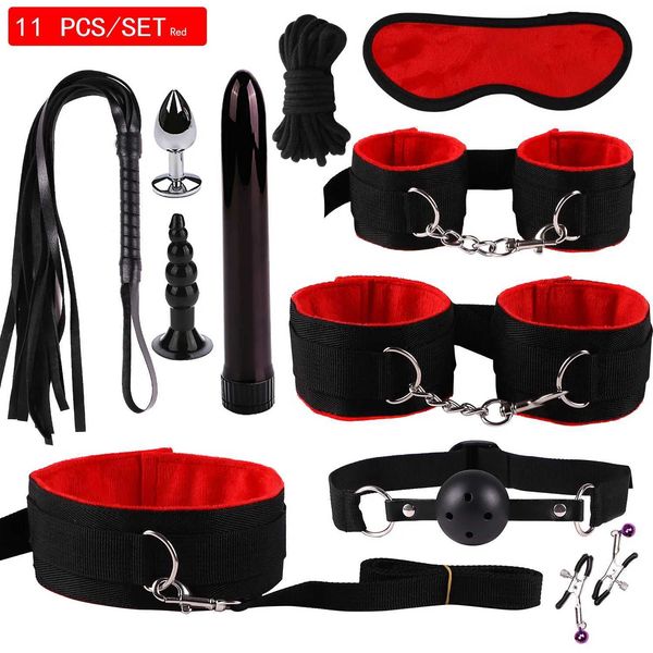 Brinquedos adultos 11/10 pçs bdsm bondage kit com algema anal bala vibrador chicote para homens mulheres fetiche escravo adultos jogos brinquedos sexuais