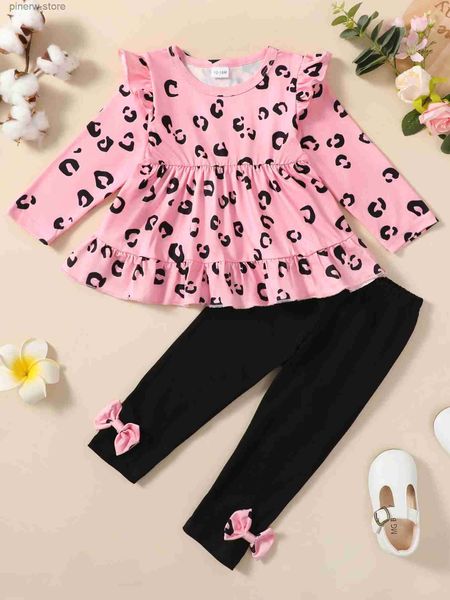 Conjuntos de roupas Bebê Meninas Set Manga Longa Ruffle Top Elastic Cintura Calças 2 Pcs Leopard Imprimir Bow Decor Confortável Crianças Roupas Outono Inverno