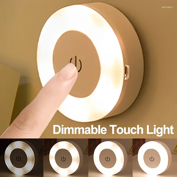 Luzes da noite mini led sensor de toque usb recarregável cozinha quarto base magnética luz parede redonda portátil escurecimento lâmpada