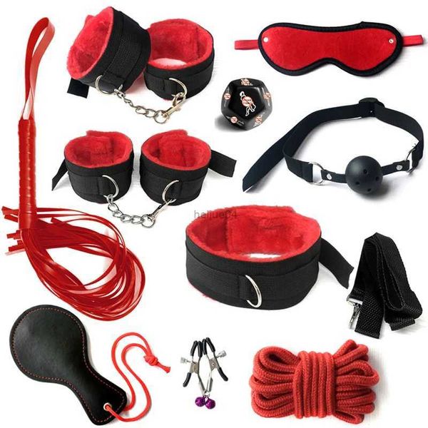 Giocattoli per adulti BDSM Bondage Set Manette di peluche sexy Frusta in pelle Bocca Palla Bavaglio Morsetti per capezzoli Kit Giocattoli sessuali per coppie Due accessori esotici