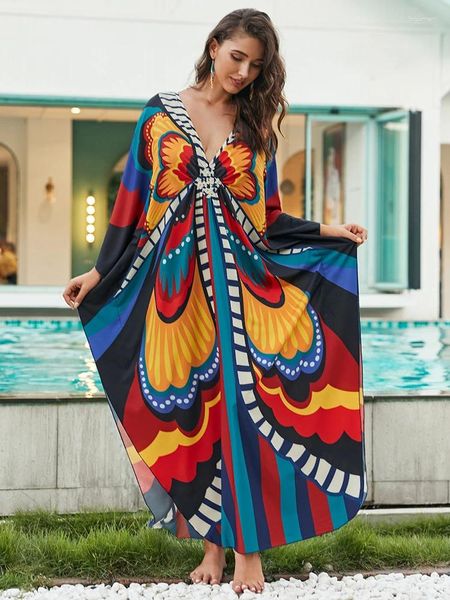 Damen-Badebekleidung, bunte Schmetterlings-Überzüge, Kaftane, Strandkleid, Kaftan für Frauen, Tuniken, Strandmode, Robe, V-Ausschnitt, Badeanzug-Überzüge