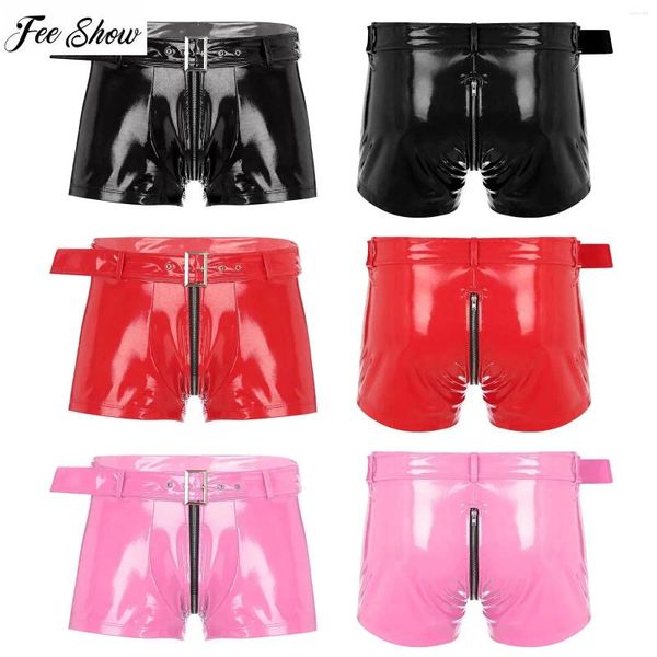 Cuecas masculinas olhar molhado pu boxer shorts com cinto de cintura duplo zíper openable cortch roupa interior boate sexy clubwear