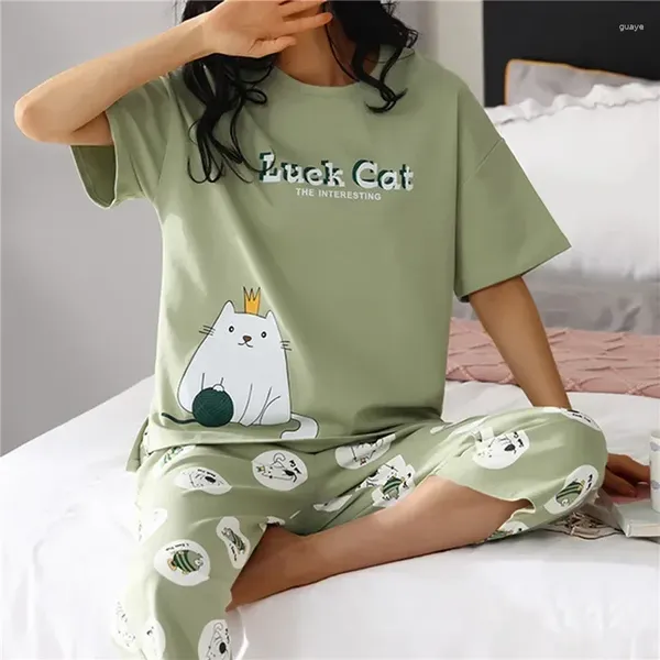 Damen-Nachtwäsche, Schlaf-Pyjama-Lounge-Sets, Sommer-Pyjama mit Karomuster, Capris, Damen, kurzärmelig, modisch, Polyester, Cartoon-Stil, Zuhause