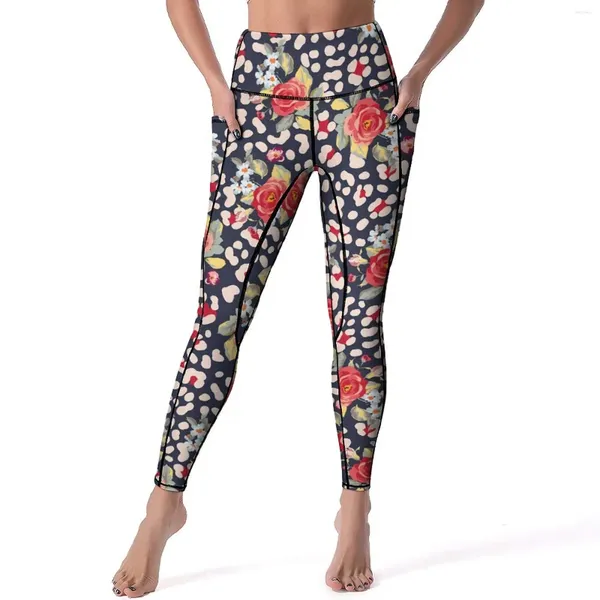 Calças ativas florais leopardo manchas leggings vintage rosas fitness yoga cintura alta esportes collants elástico gráfico legging