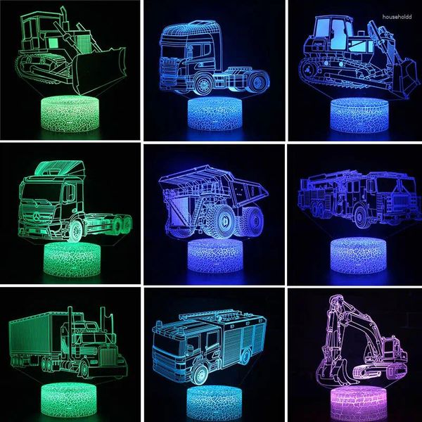 Luci notturne 3D Luce fredda Bulldozer Camion Escavatore Auto Trattore Veicolo Lampada a LED per bambini Tavolo Decorativo Regali per bambini