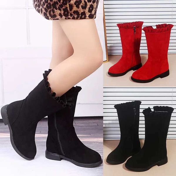 Botas 2023 novas meninas botas de inverno moda quente princesa crianças sapatos preto vermelho sapatos baixos crianças botas altas tamanho 26-37 csh1199l2401