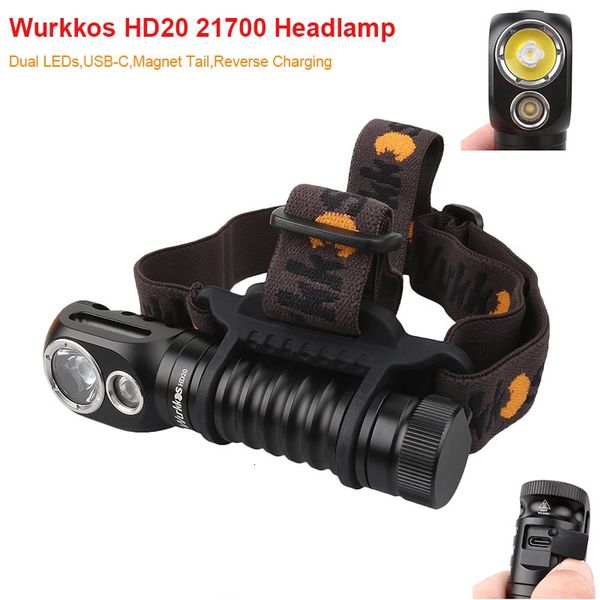 Wurkkos HD20 Lampada frontale ricaricabile 21700 Faro 2000lm Doppio LED LH351D XPL USB Ricarica inversa Coda magnetica Luce da campo di lavoro 240127