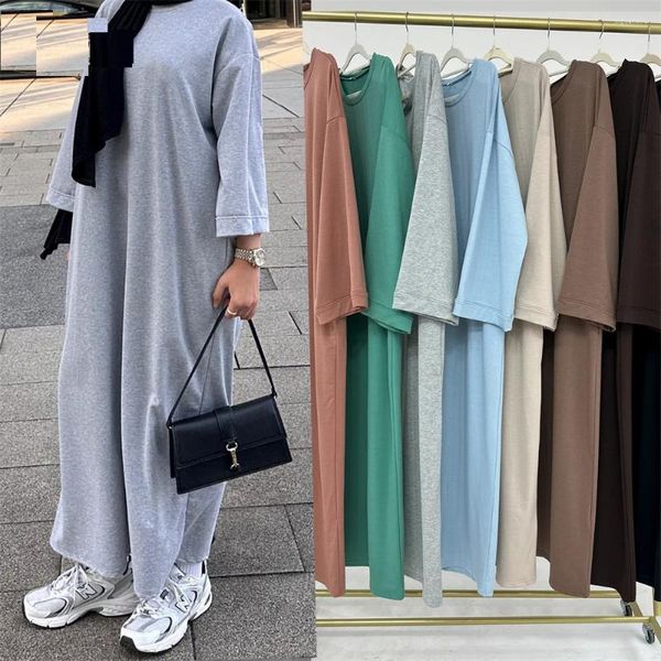 Roupas étnicas Modest Casual Abaya Plain Mulheres Muçulmanas Bolsos Soltos Longo Maxi Vestido Turquia Kaftan Eid Vestido de Festa Suéter Dubai Jalabiya
